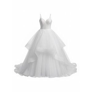 Womens Wedding Dress Ball Gown Size 6 White Tiered Tulle Lace Sweetheart Train